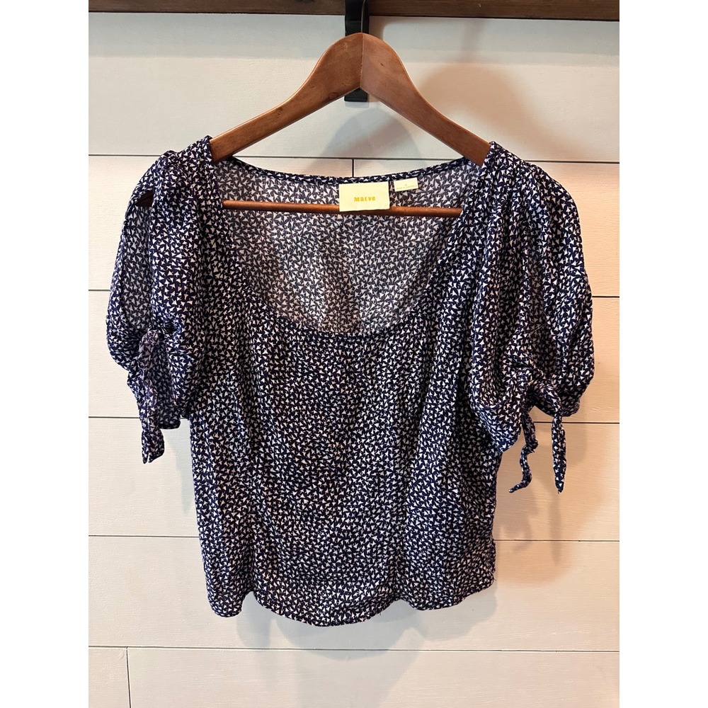 Maeve Anthropologie Navy Blue White Geometric Puff Sleeve Smocked Blouse Small